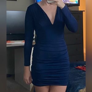 Women's Sexy Long Sleeve V Neck Ruched Bodycon Mini Party Cocktail Dress